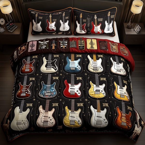 Intricate Electric Guitars quilted 3-piece bedding set on a made bed with two matching pillow shams