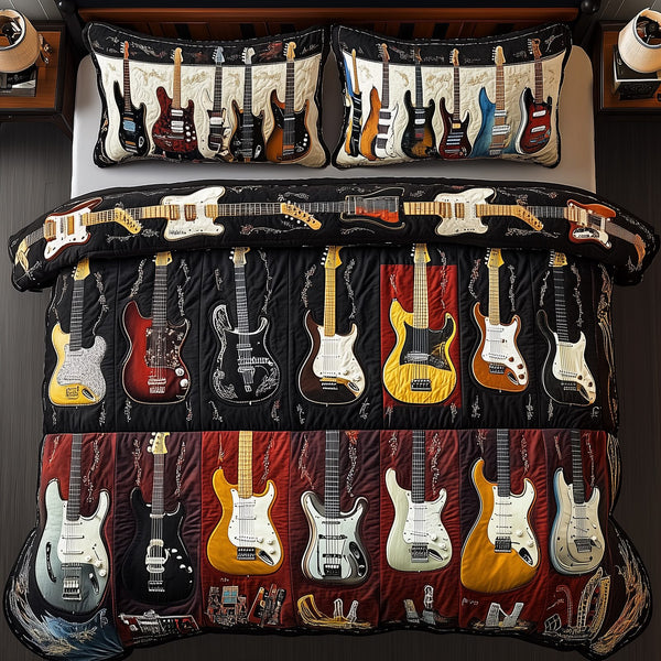 Intricate Electric Guitars quilted 3-piece bedding set on a made bed with two matching pillow shams