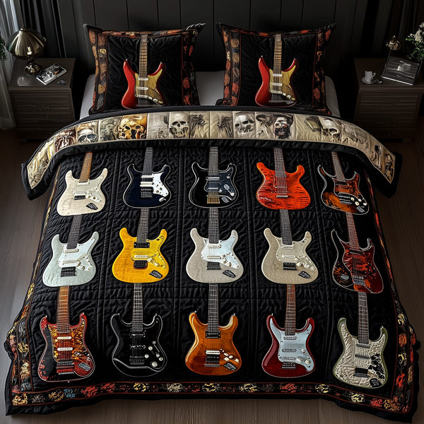 Intricate Electric Guitars quilted 3-piece bedding set on a made bed with two matching pillow shams