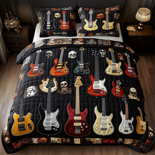 Intricate Electric Guitars quilted 3-piece bedding set on a made bed with two matching pillow shams