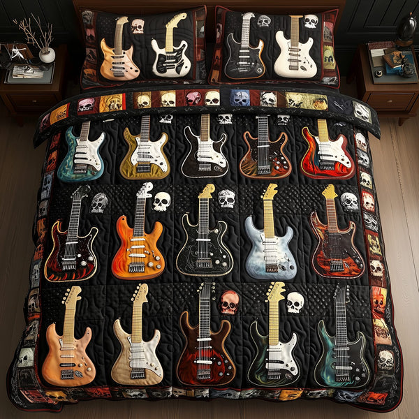 Intricate Electric Guitars quilted 3-piece bedding set on a made bed with two matching pillow shams
