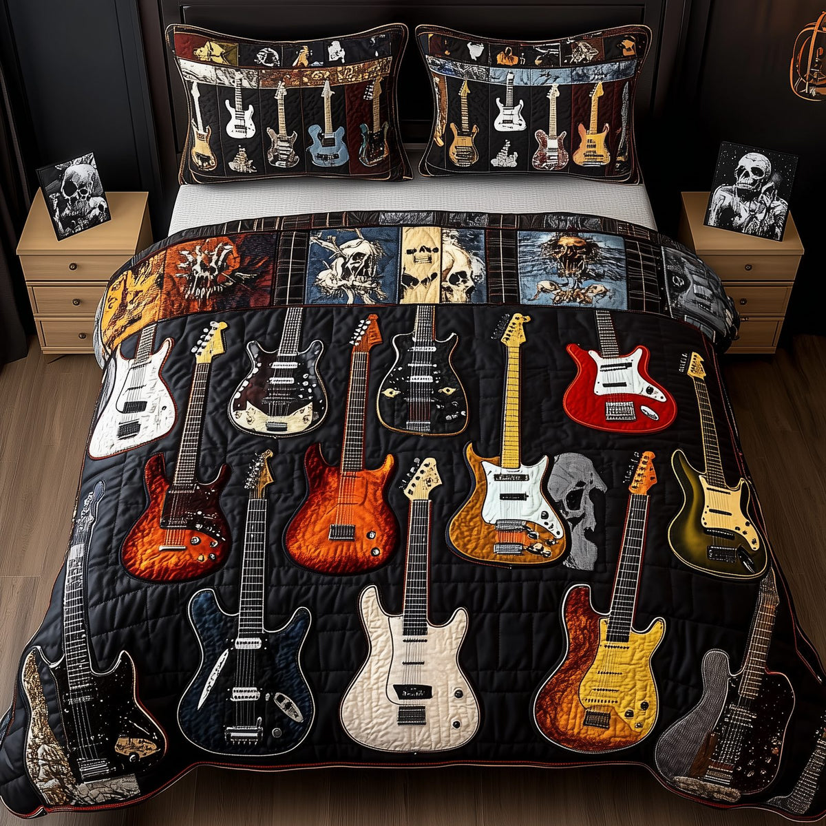 Intricate Electric Guitars quilted 3-piece bedding set on a made bed with two matching pillow shams