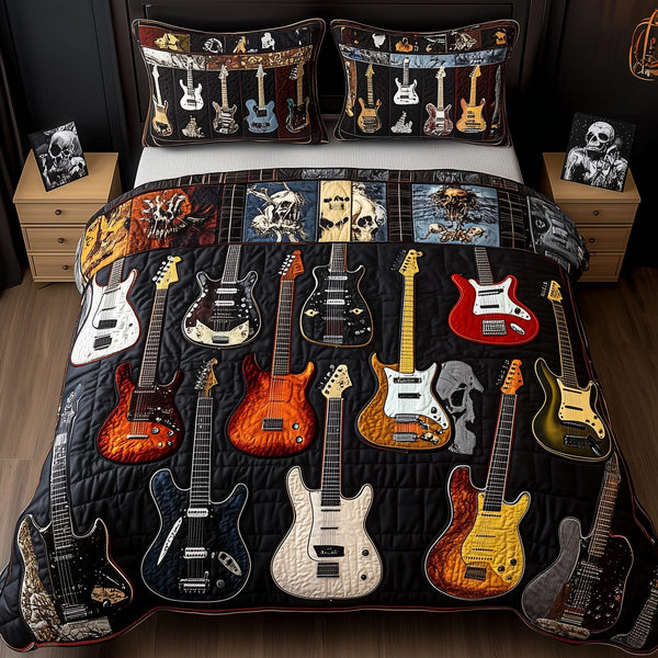 Intricate Electric Guitars quilted 3-piece bedding set on a made bed with two matching pillow shams