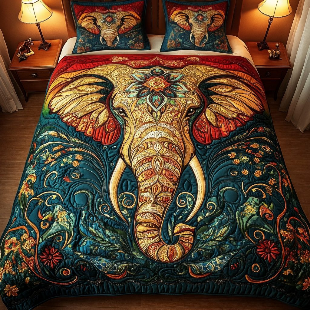 Intricate Elephant quilted 3-piece bedding set on a made bed with two matching pillow shams
