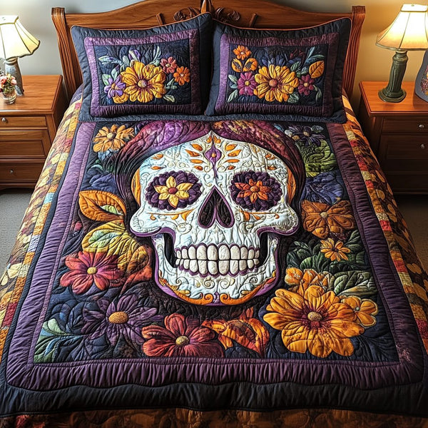 Intricate Skull quilted 3-piece bedding set on a made bed against a dark styled interior