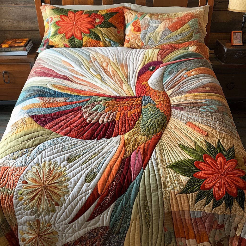 Iridescent Beauty quilted 3-piece bedding set on a made bed with two matching pillow shams