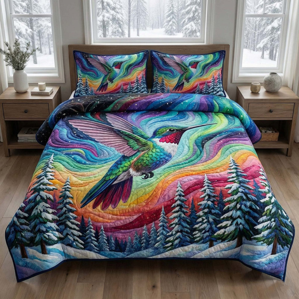Iridescent Drift quilted 3-piece bedding set on a made bed with two matching pillow shams