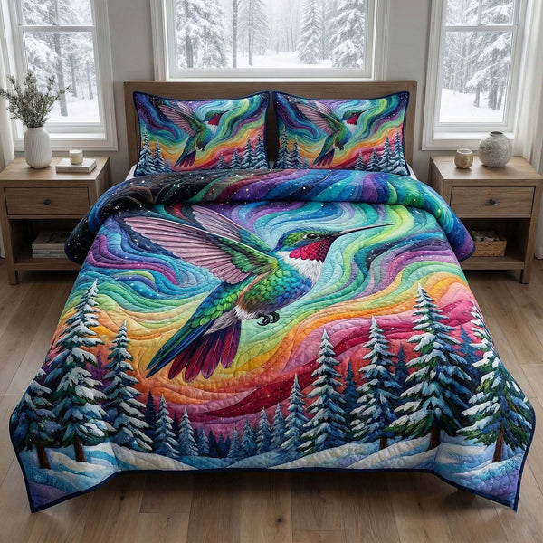 Iridescent Drift quilted 3-piece bedding set on a made bed with two matching pillow shams