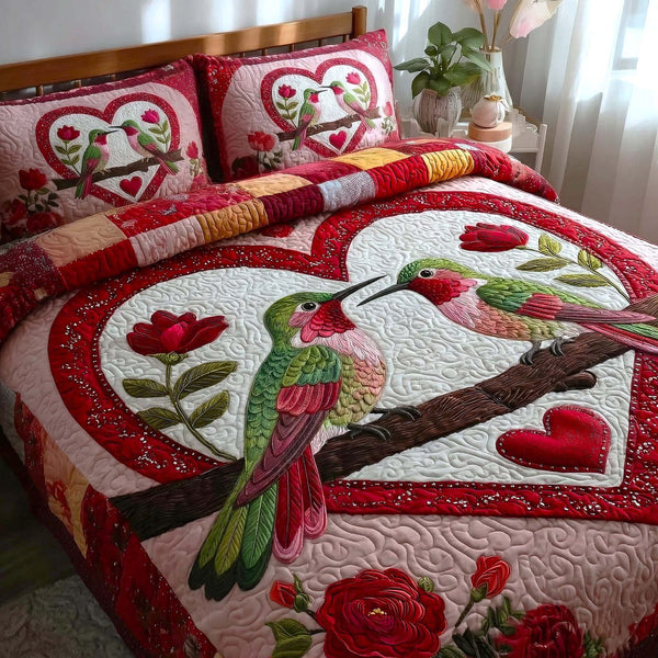 Iridescent Drift quilted 3-piece bedding set on a made bed with two matching pillow shams