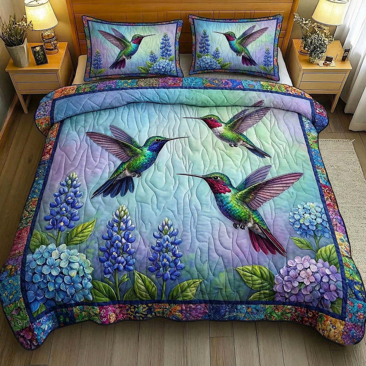 Iridescent Drift quilted 3-piece bedding set on a made bed with two matching pillow shams