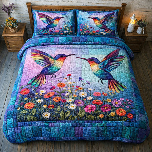 Iridescent Flutter quilted 3-piece bedding set on a made bed with two matching pillow shams
