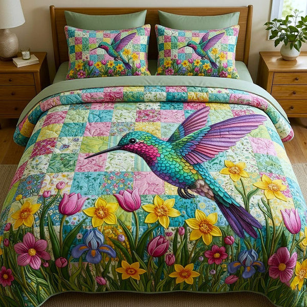 Iridescent Flutter quilted 3-piece bedding set on a made bed with two matching pillow shams