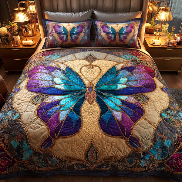 Iridescent Splendor quilted 3-piece bedding set on a made bed with two matching pillow shams