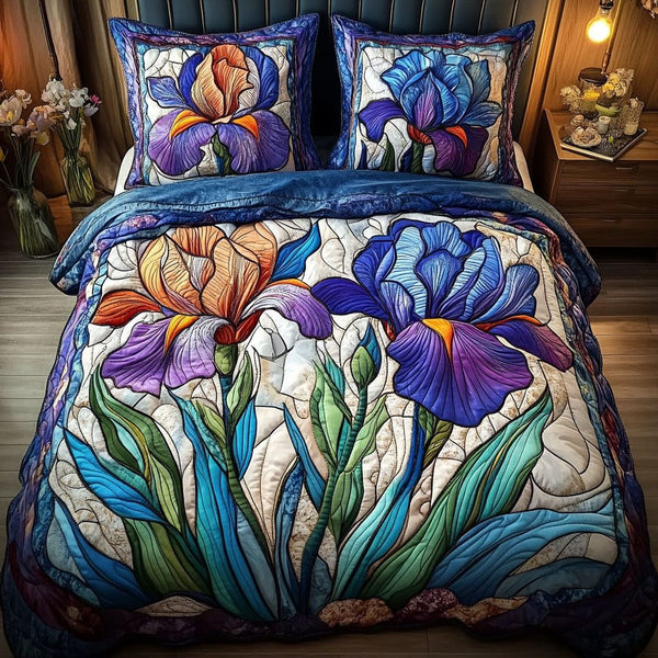 Iris Bloom quilted 3-piece bedding set on a made bed with two matching pillow shams