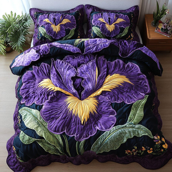 Iris Bloom quilted 3-piece bedding set on a made bed with two matching pillow shams