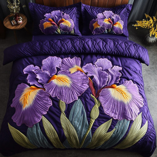 Iris Dream quilted 3-piece bedding set on a made bed with two matching pillow shams