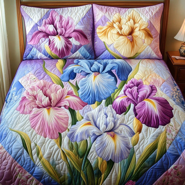 Iris Garden quilted 3-piece bedding set on a made bed with two matching pillow shams