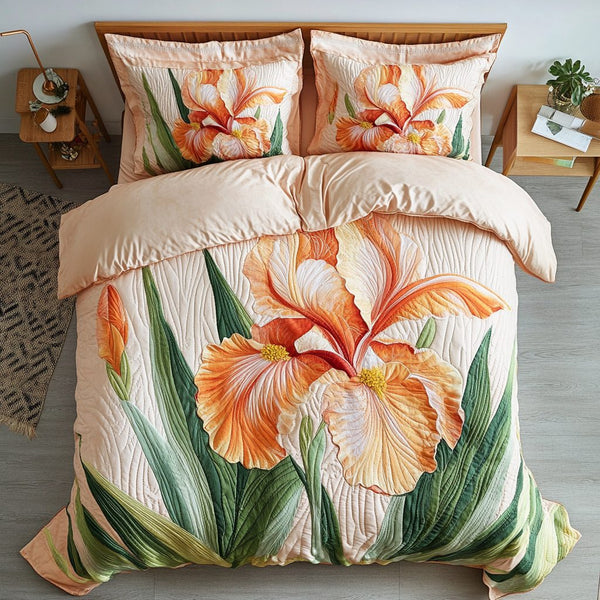 Iris Garden quilted 3-piece bedding set on a made bed with two matching pillow shams