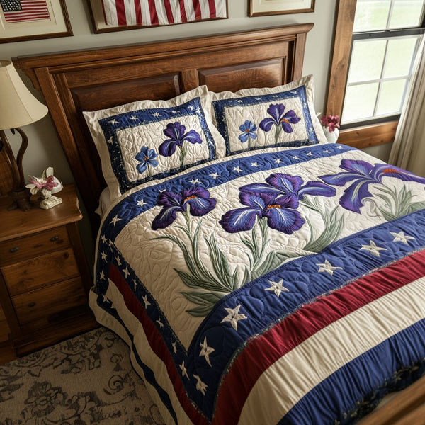 Iris Glory quilted 3-piece bedding set on a made bed with two matching pillow shams