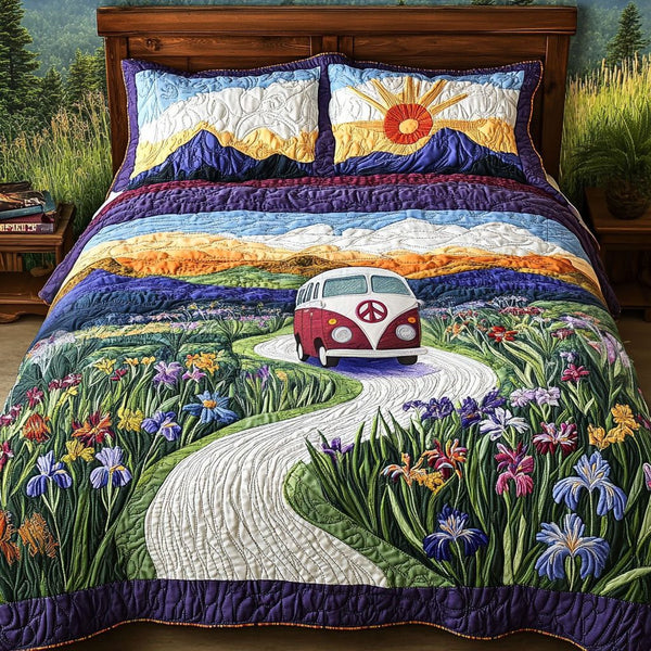 Iris Path Freedom quilted 3-piece bedding set on a made bed in a warmly lit bedroom