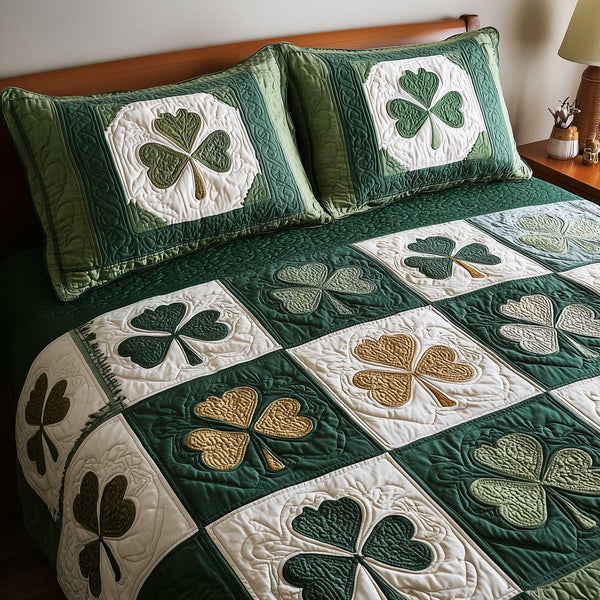 Irish Blessings quilted 3-piece bedding set on a made bed with two matching pillow shams