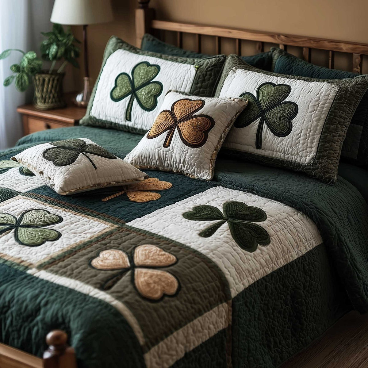 Irish Blessings quilted 3-piece bedding set on a made bed with two matching pillow shams