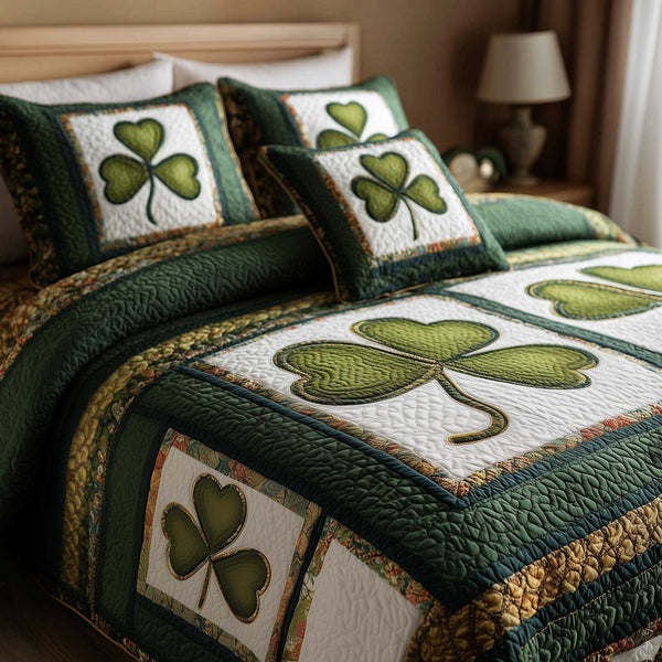 Irish Blessings quilted 3-piece bedding set on a made bed with two matching pillow shams
