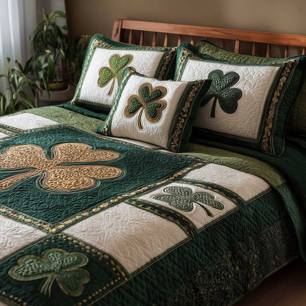 Irish Blessings quilted 3-piece bedding set on a made bed with two matching pillow shams