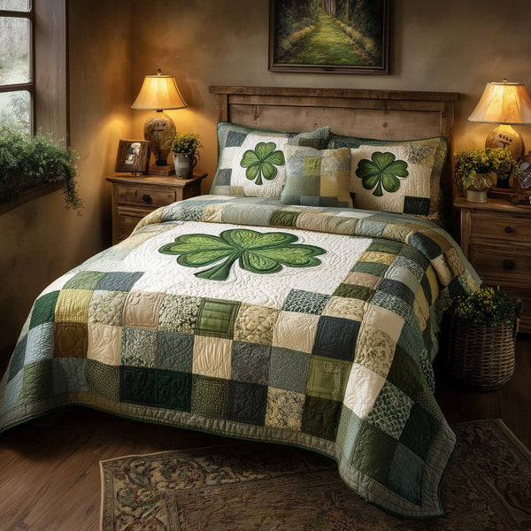 Irish Blessings quilted 3-piece bedding set on a made bed with two matching pillow shams