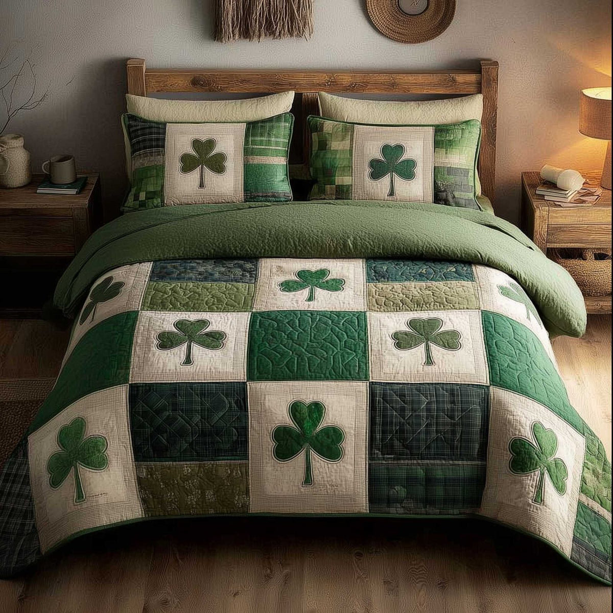 Irish Blessings quilted 3-piece bedding set on a made bed with two matching pillow shams