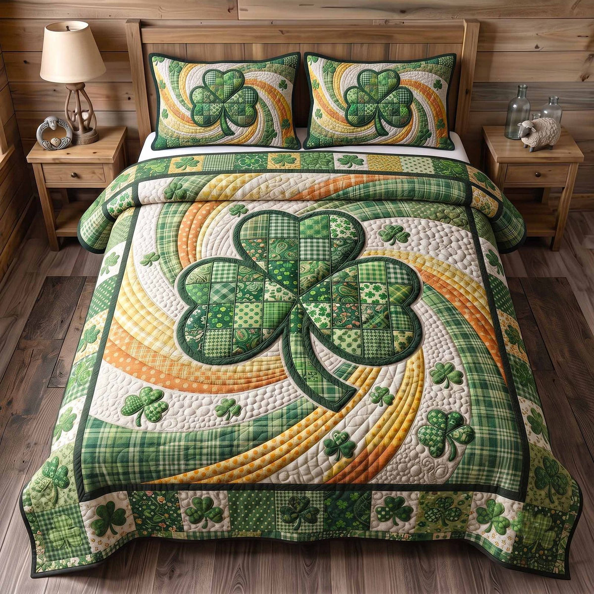 Irish Blessings quilted 3-piece bedding set on a made bed with two matching pillow shams