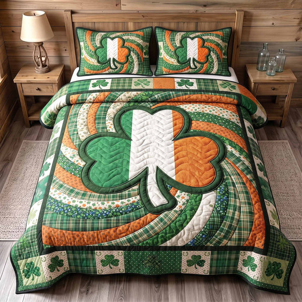 Irish Blessings quilted 3-piece bedding set on a made bed with two matching pillow shams