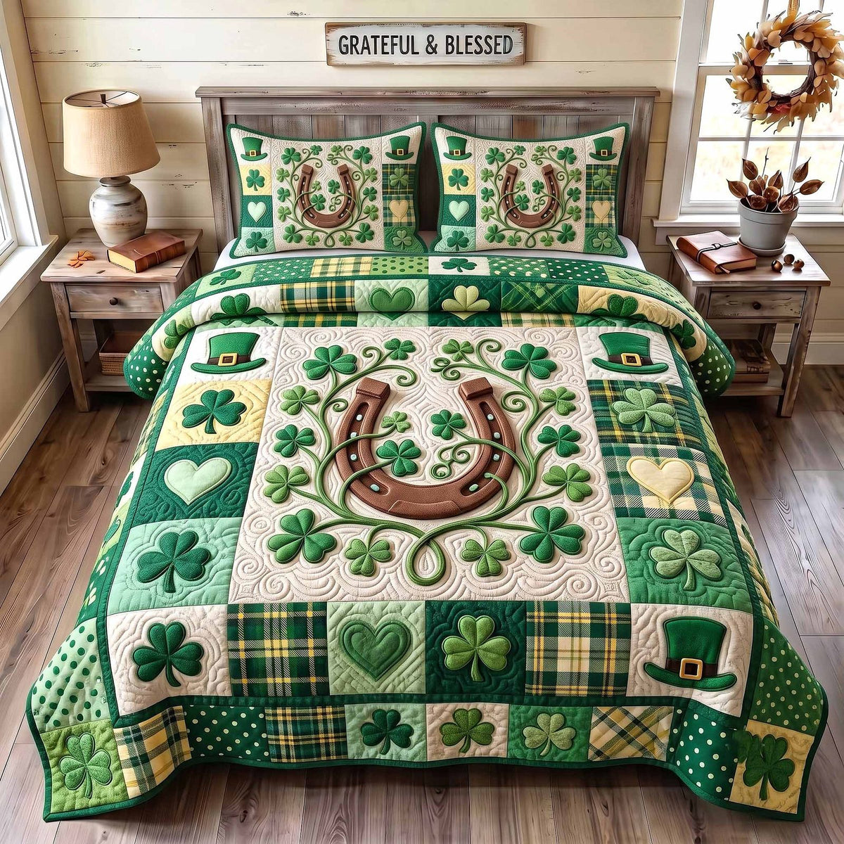 Irish Blessings quilted 3-piece bedding set on a made bed with two matching pillow shams
