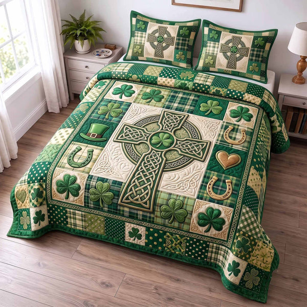 Irish Blessings quilted 3-piece bedding set on a made bed with two matching pillow shams