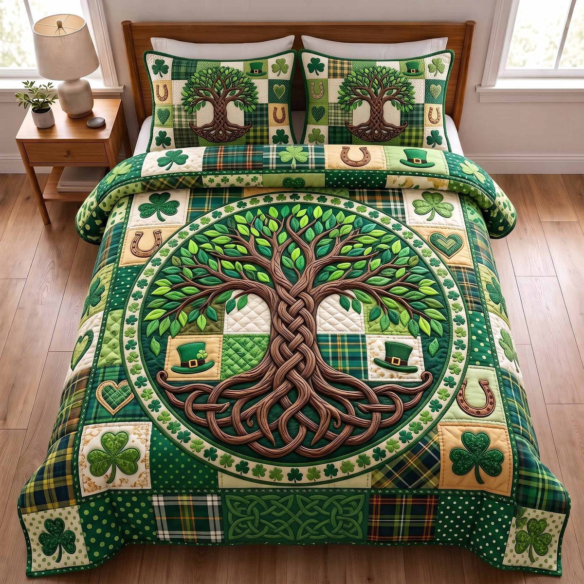Irish Blessings quilted 3-piece bedding set on a made bed with two matching pillow shams