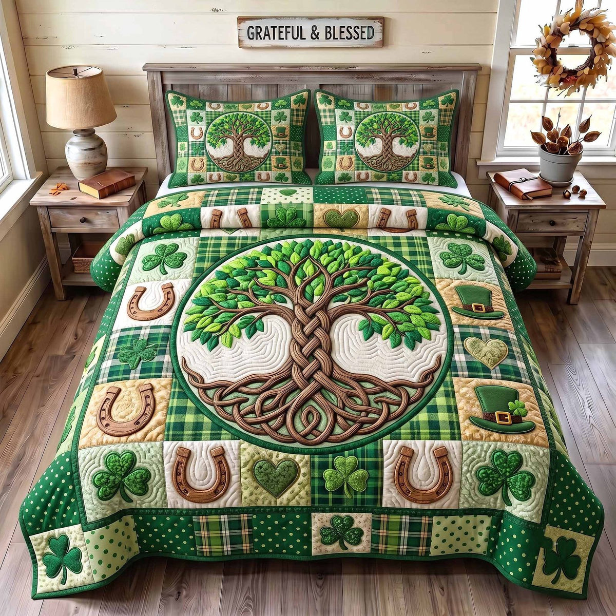 Irish Blessings quilted 3-piece bedding set on a made bed with two matching pillow shams