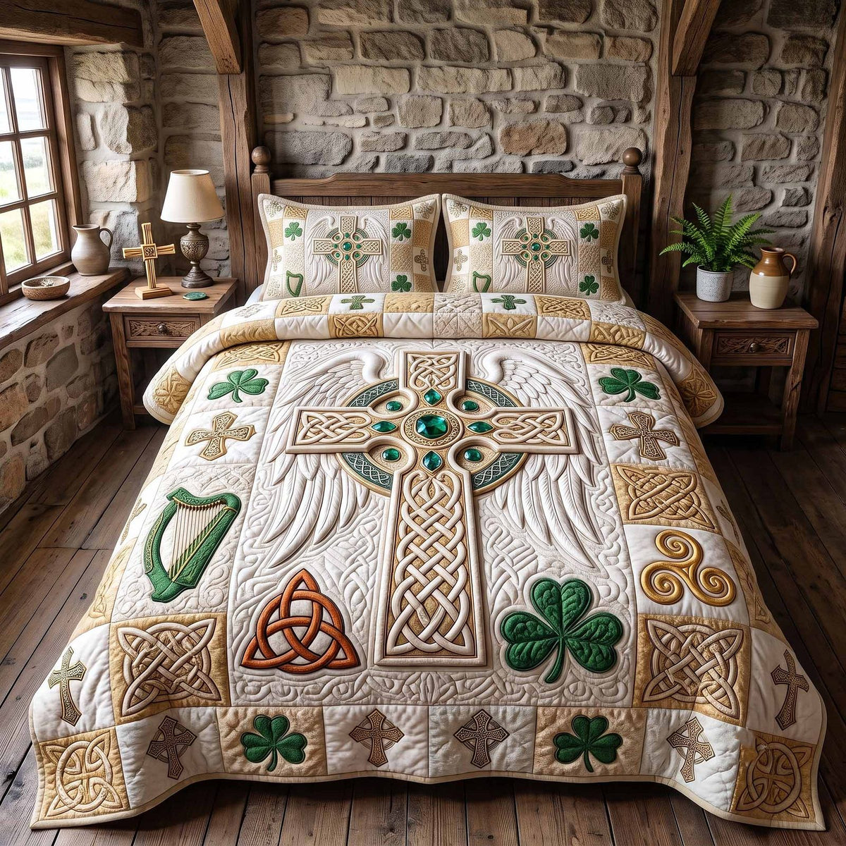 Irish Blessings quilted 3-piece bedding set on a made bed with two matching pillow shams