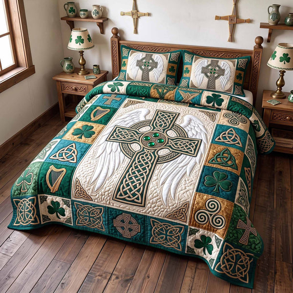Irish Blessings quilted 3-piece bedding set on a made bed with two matching pillow shams
