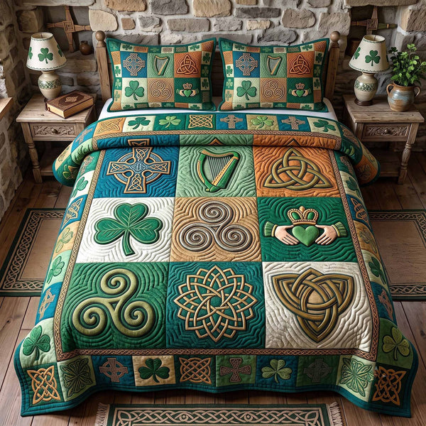 Irish Blessings quilted 3-piece bedding set on a made bed with two matching pillow shams