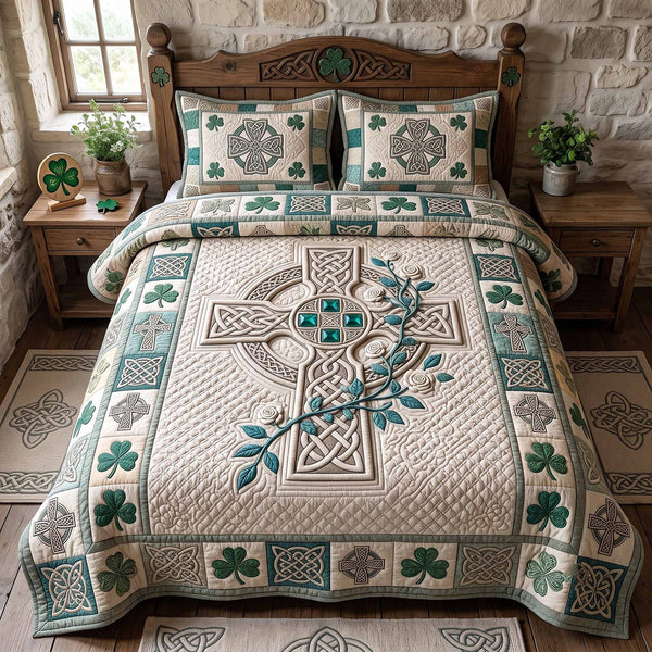 Irish Blessings quilted 3-piece bedding set on a made bed with two matching pillow shams