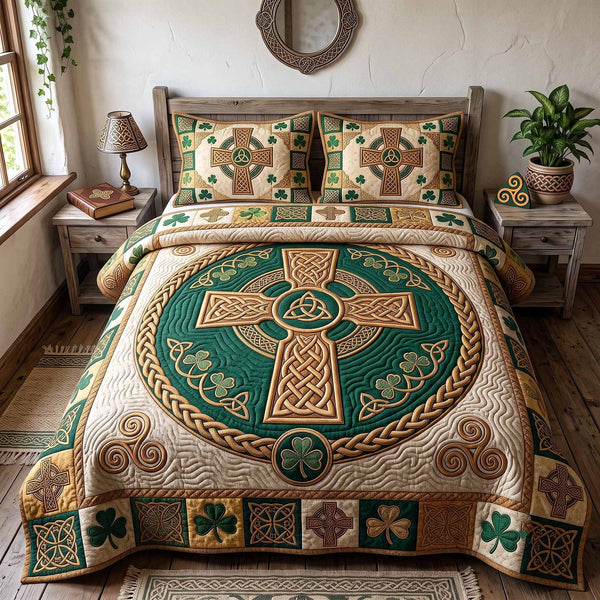 Irish Blessings quilted 3-piece bedding set on a made bed with two matching pillow shams