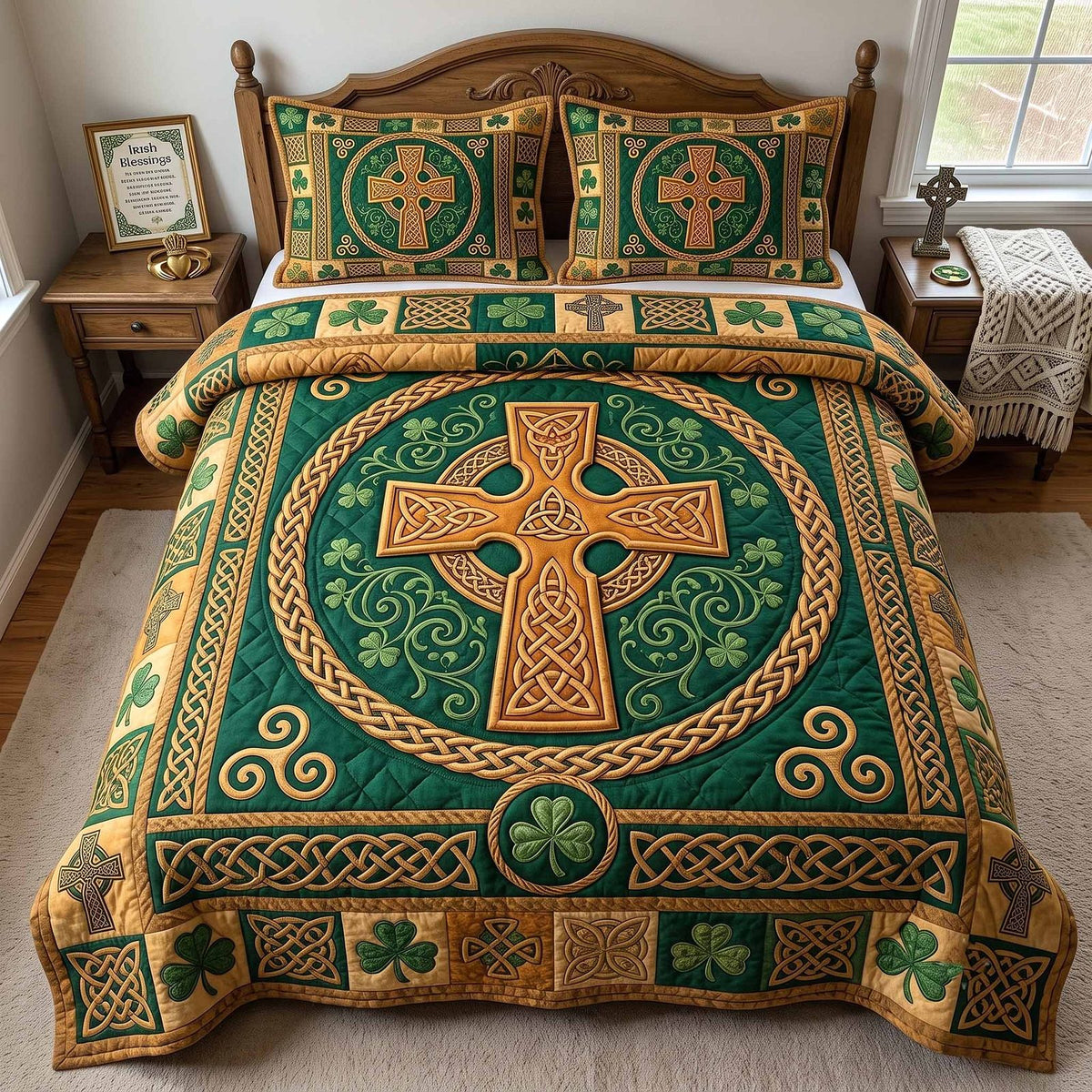 Irish Blessings quilted 3-piece bedding set on a made bed with two matching pillow shams
