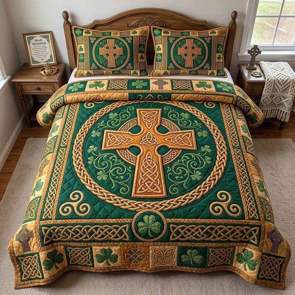 Irish Blessings quilted 3-piece bedding set on a made bed with two matching pillow shams