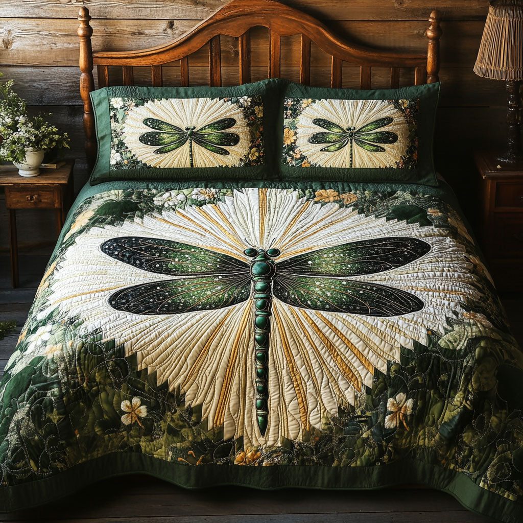 Irish Charm Wings quilted 3-piece bedding set on a made bed with two matching pillow shams