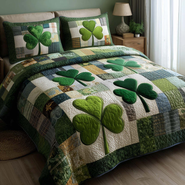 Irish Fortune quilted 3-piece bedding set on a made bed with two matching pillow shams