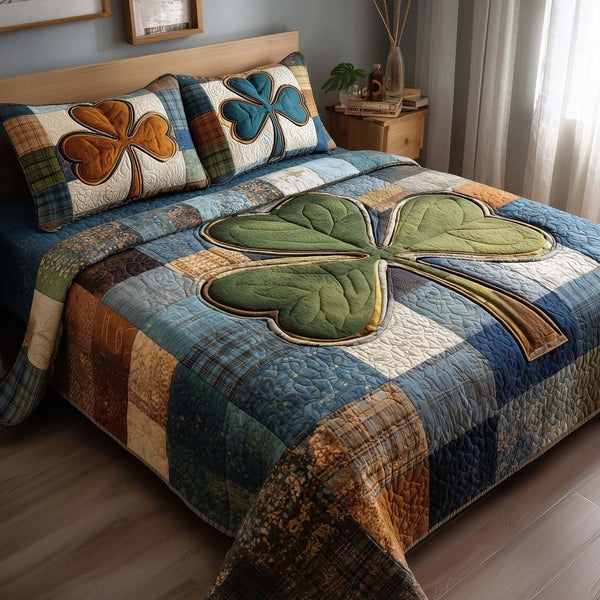 Irish Fortune quilted 3-piece bedding set on a made bed with two matching pillow shams