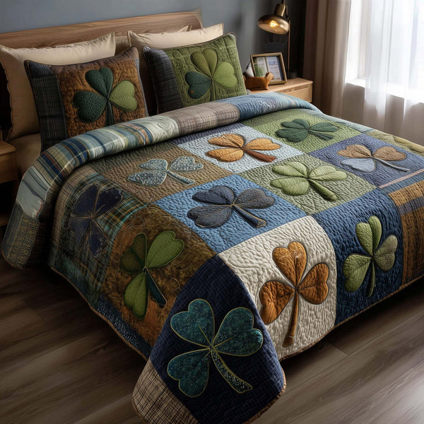 Irish Fortune quilted 3-piece bedding set on a made bed with two matching pillow shams