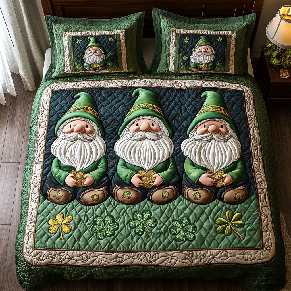 Irish Gnome Delight quilted 3-piece bedding set on a made bed in a winter-styled bedroom