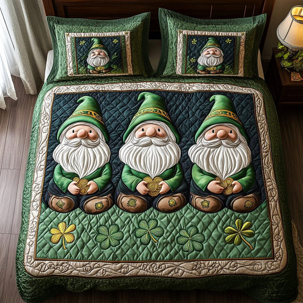 Irish Gnome Delight quilted 3-piece bedding set on a made bed in a winter-styled bedroom