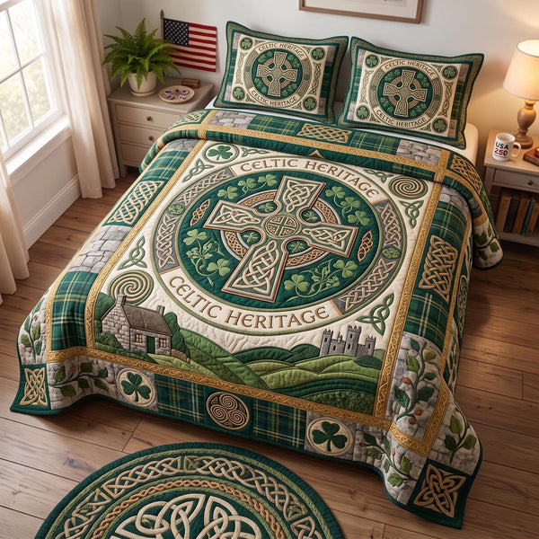 Irish Heritage quilted 3-piece bedding set on a made bed in a farmhouse bedroom